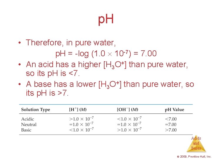 p. H • Therefore, in pure water, p. H = -log (1. 0 10