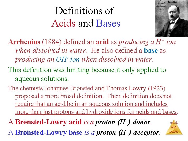 Definitions of Acids and Bases Arrhenius (1884) defined an acid as producing a H+