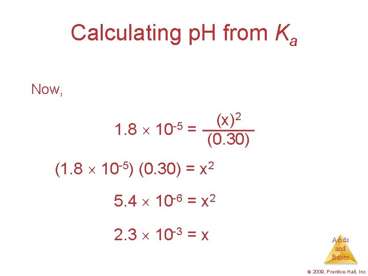 Calculating p. H from Ka Now, 2 (x) 1. 8 10 -5 = (0.