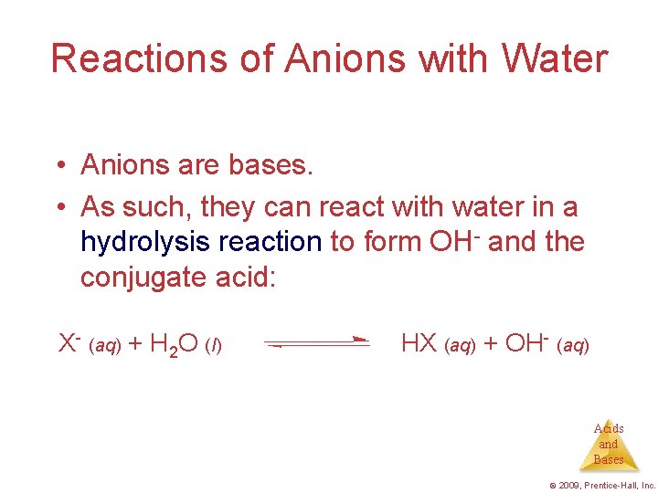 Reactions of Anions with Water • Anions are bases. • As such, they can