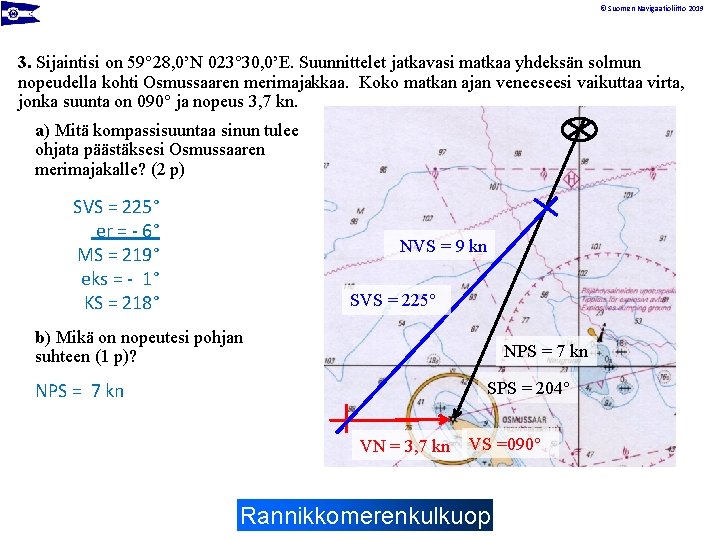 © Suomen Navigaatioliitto 2019 3. Sijaintisi on 59 28, 0’N 023 30, 0’E. Suunnittelet