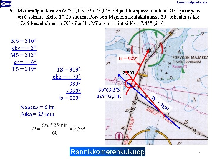 © Suomen Navigaatioliitto 2019 6. Merkintäpaikkasi on 60 01, 0’N 025 40, 0’E. Ohjaat