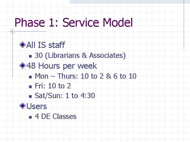 Phase 1: Service Model All IS staff n 30 (Librarians & Associates) 48 Hours