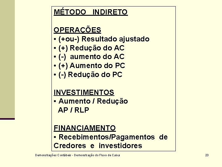 MÉTODO INDIRETO OPERAÇÕES • (+ou-) Resultado ajustado • (+) Redução do AC • (-)