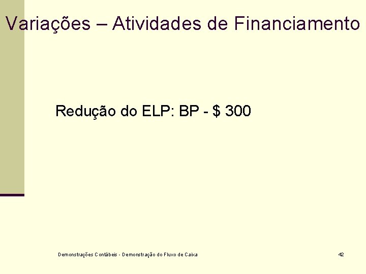 Variações – Atividades de Financiamento Redução do ELP: BP - $ 300 Demonstrações Contábeis