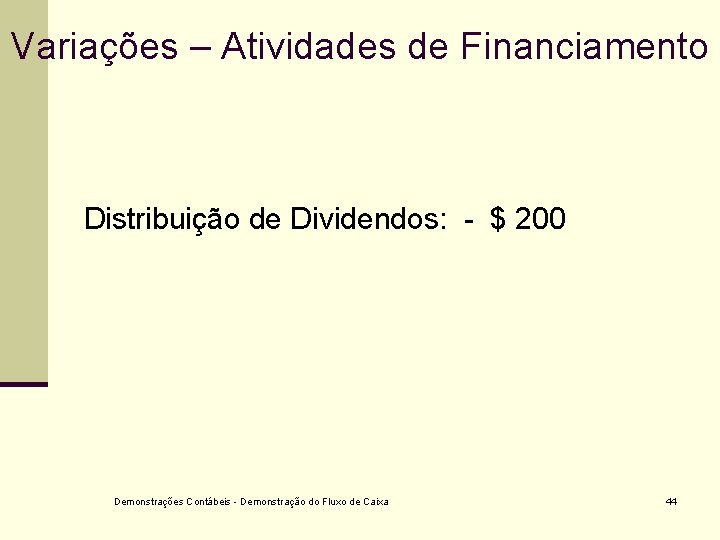 Variações – Atividades de Financiamento Distribuição de Dividendos: - $ 200 Demonstrações Contábeis -