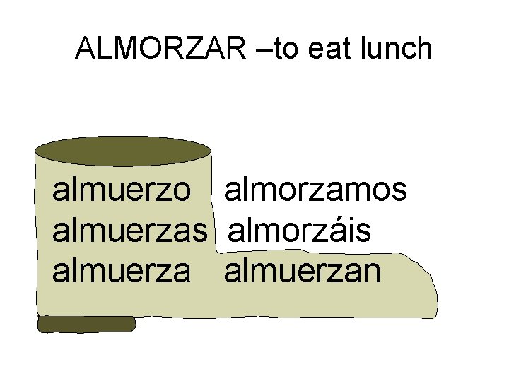 ALMORZAR –to eat lunch almuerzo almorzamos almuerzas almorzáis almuerzan 