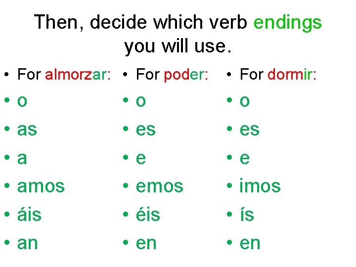 Then, decide which verb endings you will use. • For almorzar: • For poder: