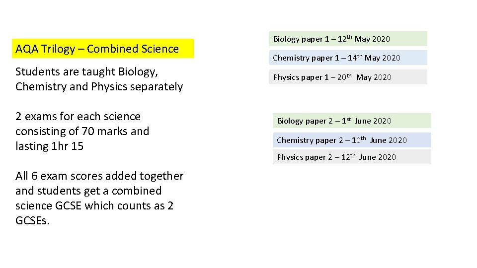 AQA Trilogy – Combined Science Students are taught Biology, Chemistry and Physics separately 2