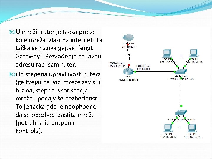  U mreži -ruter je tačka preko koje mreža izlazi na internet. Ta tačka