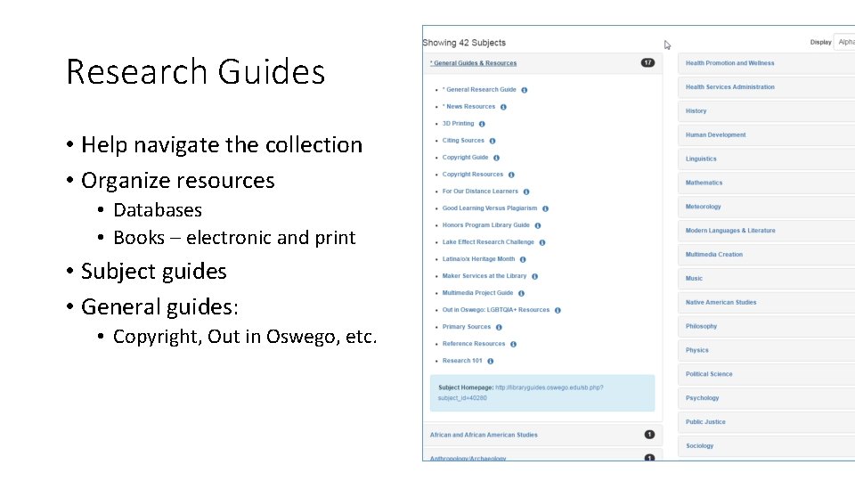 Research Guides • Help navigate the collection • Organize resources • Databases • Books