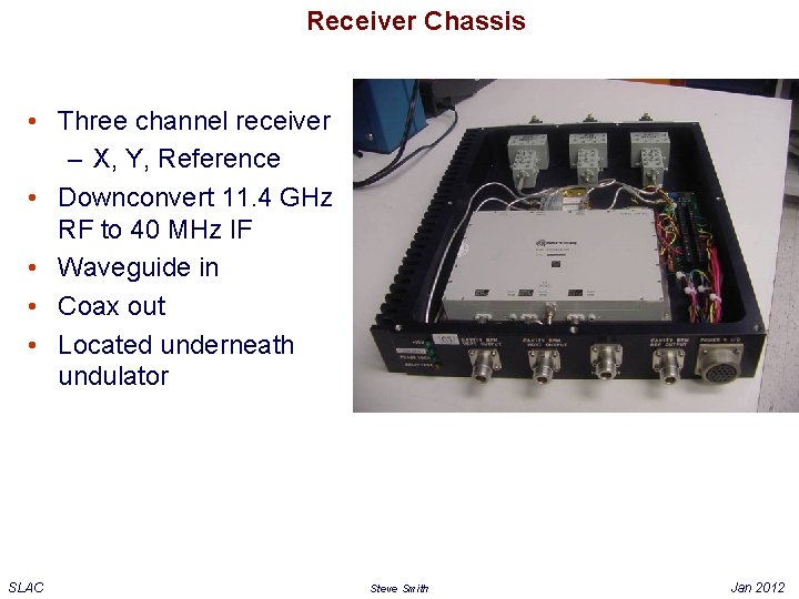 Receiver Chassis • Three channel receiver – X, Y, Reference • Downconvert 11. 4