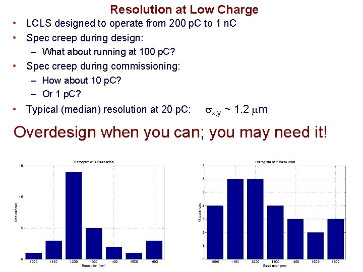 Resolution at Low Charge • LCLS designed to operate from 200 p. C to