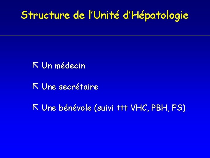 Structure de l’Unité d’Hépatologie Un médecin Une secrétaire Une bénévole (suivi ttt VHC, PBH,