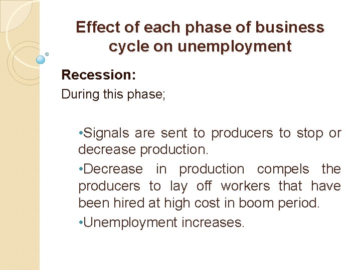 Effect of each phase of business cycle on unemployment Recession: During this phase; •