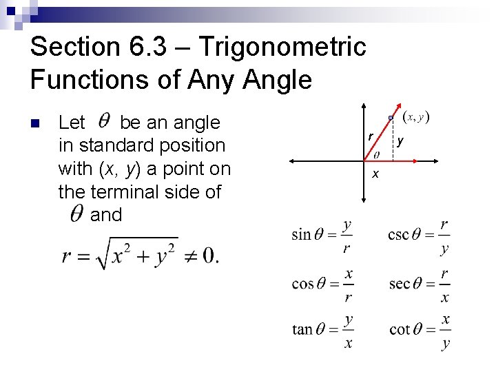 Section 6. 3 – Trigonometric Functions of Any Angle n Let be an angle