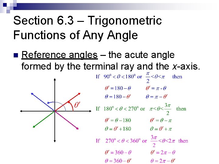 Section 6. 3 – Trigonometric Functions of Any Angle n Reference angles – the