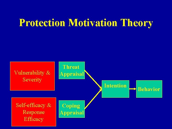 Protection Motivation Theory Vulnerability & Severity Self-efficacy & Response Efficacy Threat Appraisal Intention Coping
