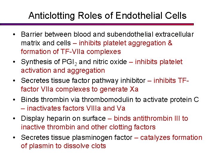 Anticlotting Roles of Endothelial Cells • Barrier between blood and subendothelial extracellular matrix and