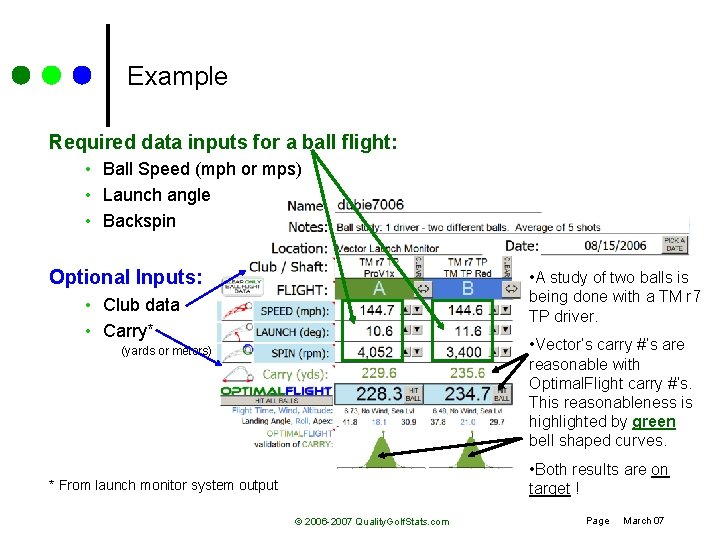 Example Required data inputs for a ball flight: • Ball Speed (mph or mps)