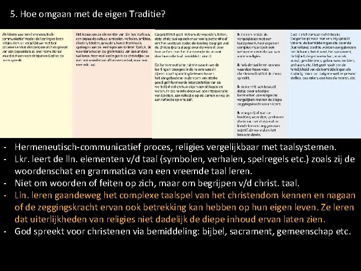 5. Hoe omgaan met de eigen Traditie? - Hermeneutisch-communicatief proces, religies vergelijkbaar met taalsystemen.