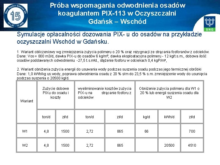 Próba wspomagania odwodnienia osadów koagulantem PIX-113 w Oczyszczalni Gdańsk – Wschód Symulacje opłacalności dozowania