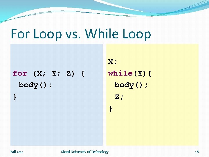 For Loop vs. While Loop for (X; Y; Z) { body(); } Fall 2012