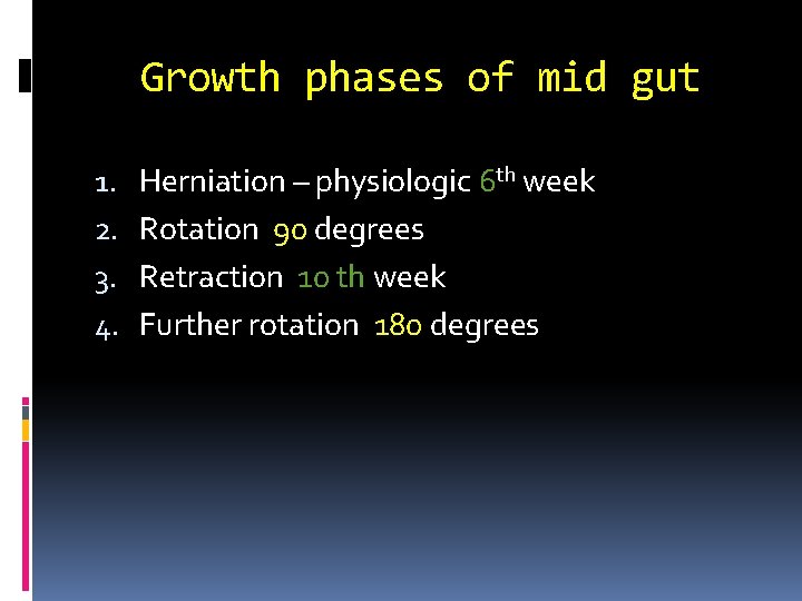 Growth phases of mid gut 1. 2. 3. 4. Herniation – physiologic 6 th