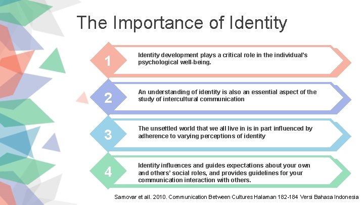 The Importance of Identity 1 Identity development plays a critical role in the individual’s