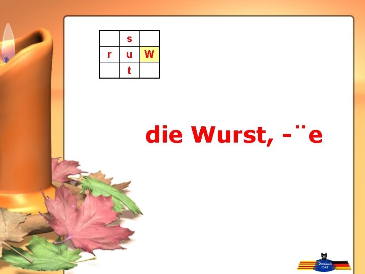 s r u W t die Wurst, -¨e 