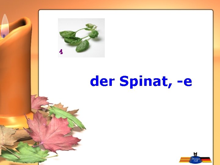 der Spinat, -e 