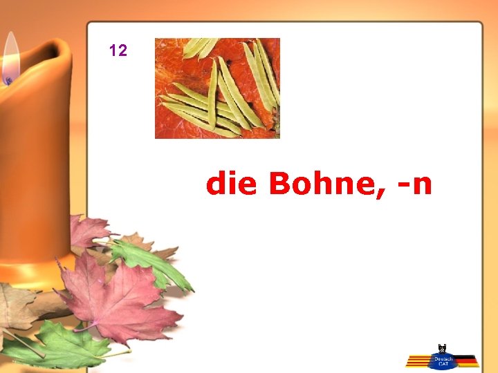 12 die Bohne, -n 