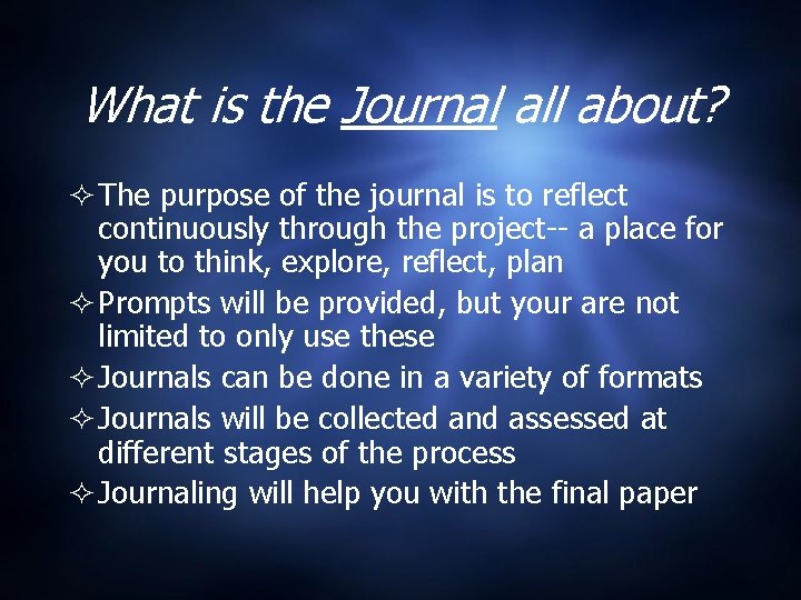 What is the Journal all about? The purpose of the journal is to reflect