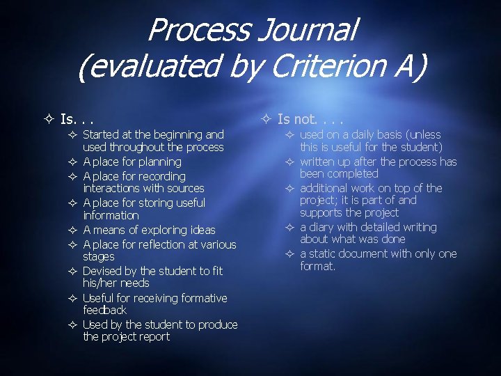 Process Journal (evaluated by Criterion A) Is. . . Started at the beginning and