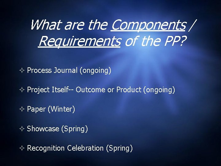 What are the Components / Requirements of the PP? Process Journal (ongoing) Project Itself--