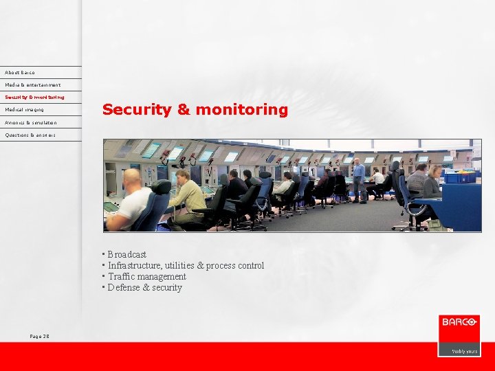About Barco Media & entertainment Security & monitoring Medical imaging Security & monitoring Avionics