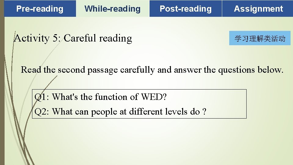 Pre-reading While-reading Post-reading Activity 5: Careful reading Assignment 学习理解类活动 Read the second passage carefully