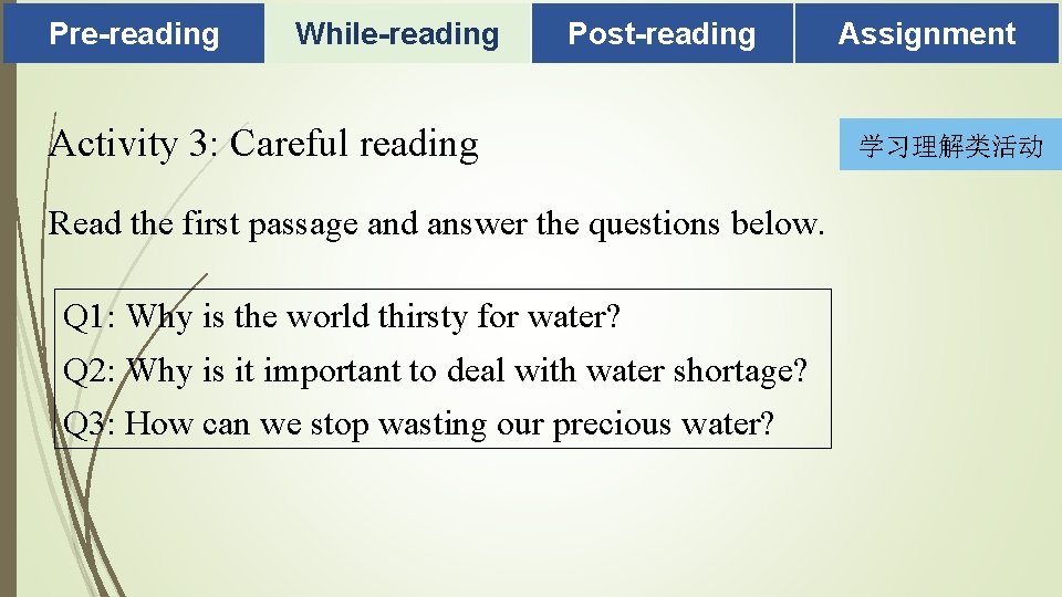 Pre-reading While-reading Post-reading Activity 3: Careful reading Read the first passage and answer the