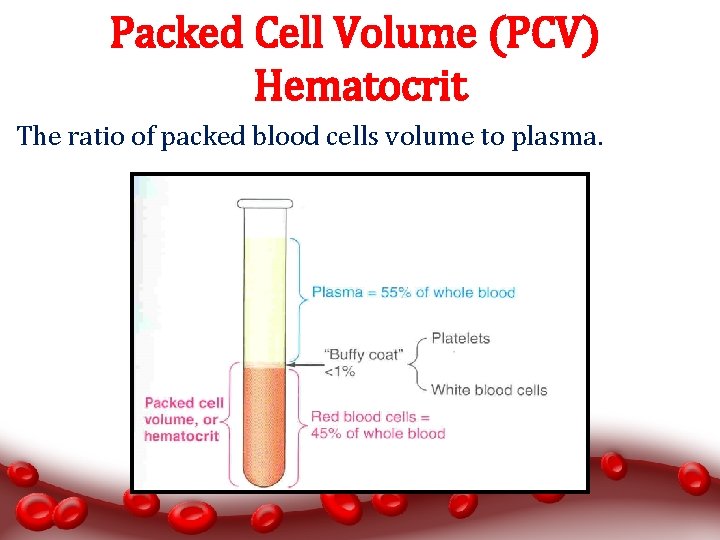 Packed Cell Volume (PCV) Hematocrit The ratio of packed blood cells volume to plasma.