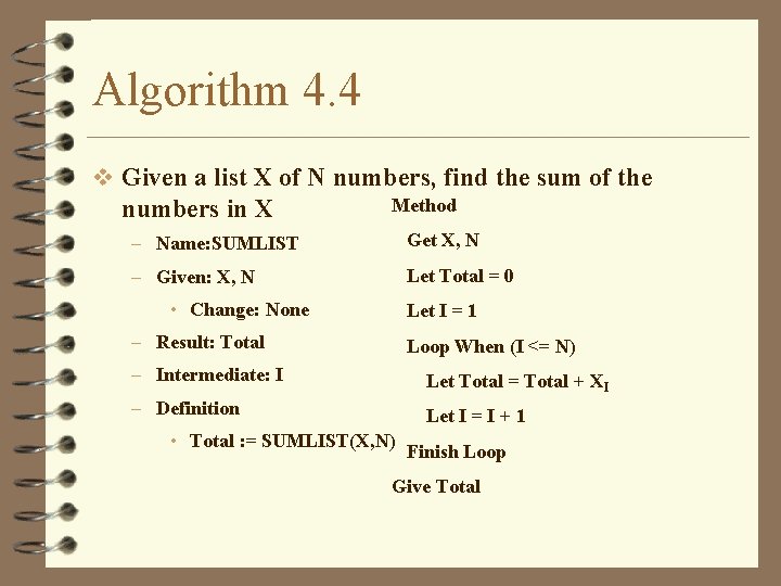 Algorithm 4. 4 v Given a list X of N numbers, find the sum