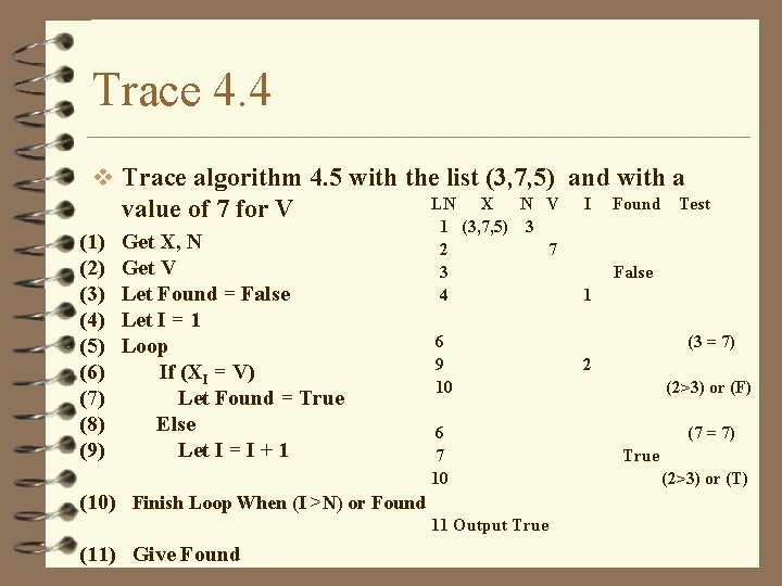 Trace 4. 4 v Trace algorithm 4. 5 with the list (3, 7, 5)