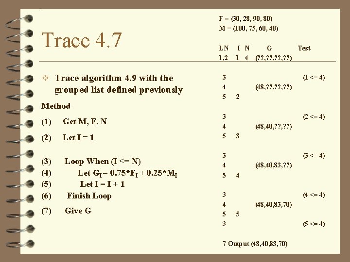 Trace 4. 7 v Trace algorithm 4. 9 with the grouped list defined previously