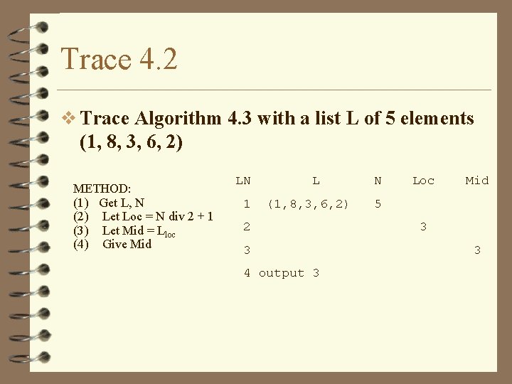 Trace 4. 2 v Trace Algorithm 4. 3 with a list L of 5