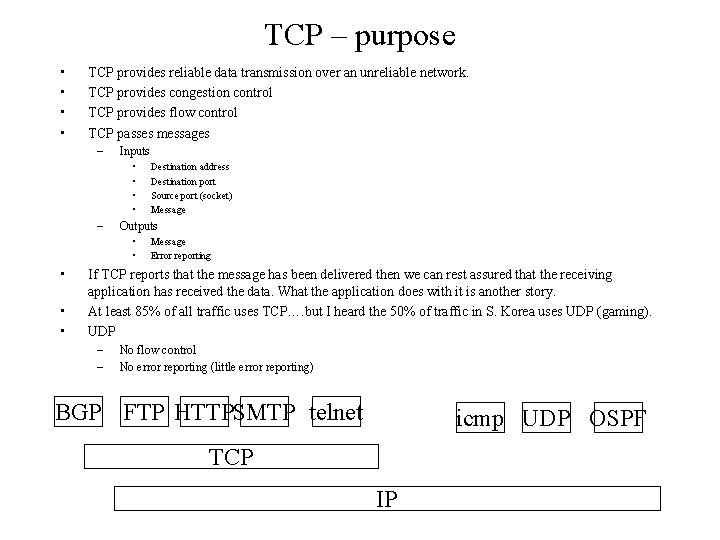 TCP – purpose • • TCP provides reliable data transmission over an unreliable network.
