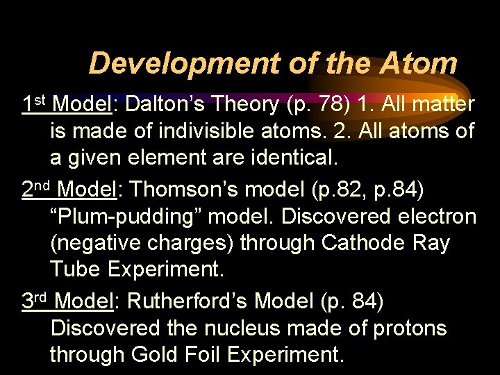 Development of the Atom 1 st Model: Dalton’s Theory (p. 78) 1. All matter