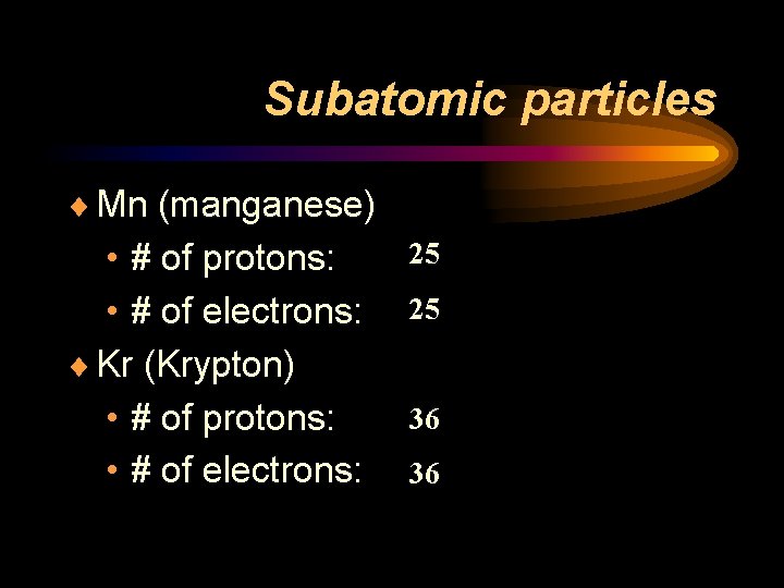 Subatomic particles ¨ Mn (manganese) • # of protons: • # of electrons: ¨