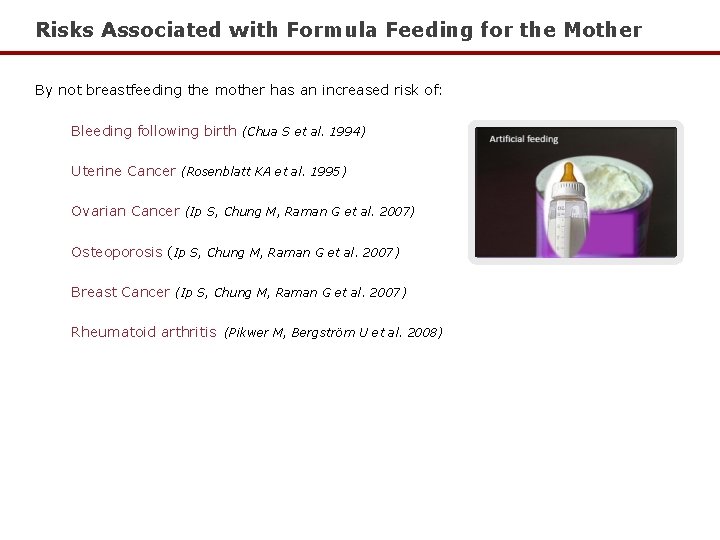 Risks Associated with Formula Feeding for the Mother By not breastfeeding the mother has Risks Associated with Formula Feeding for the Mother By not breastfeeding the mother has