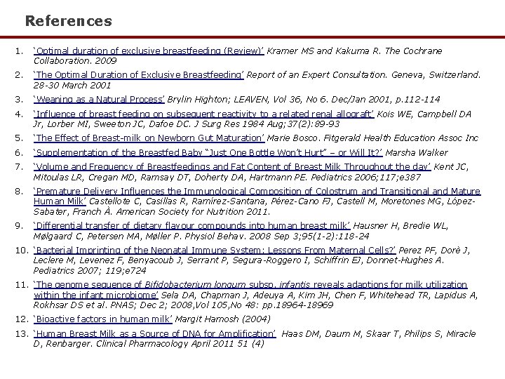 References 1. ‘Optimal duration of exclusive breastfeeding (Review)’ Kramer MS and Kakuma R. The References 1. ‘Optimal duration of exclusive breastfeeding (Review)’ Kramer MS and Kakuma R. The
