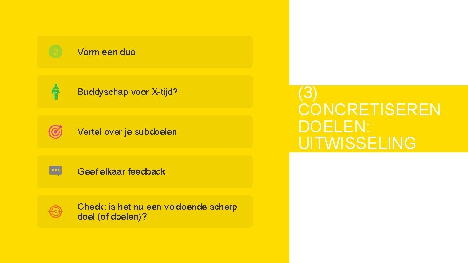 Vorm een duo Buddyschap voor X-tijd? Vertel over je subdoelen Geef elkaar feedback Check: