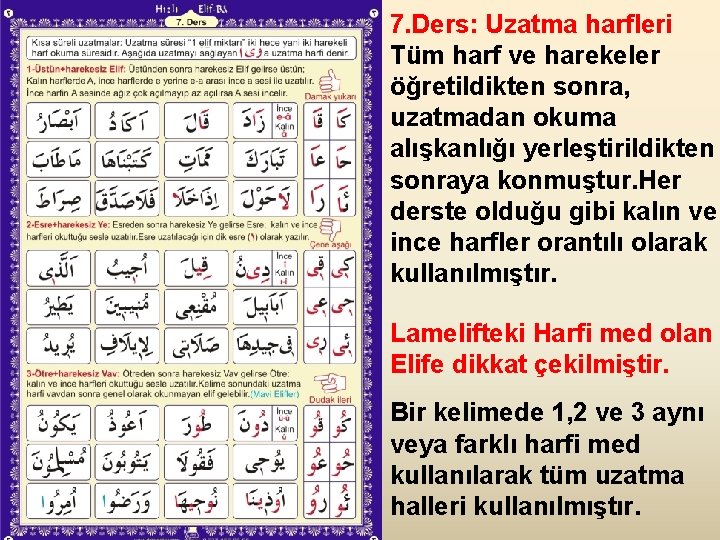 7. Ders: Uzatma harfleri Tüm harf ve harekeler öğretildikten sonra, uzatmadan okuma alışkanlığı yerleştirildikten